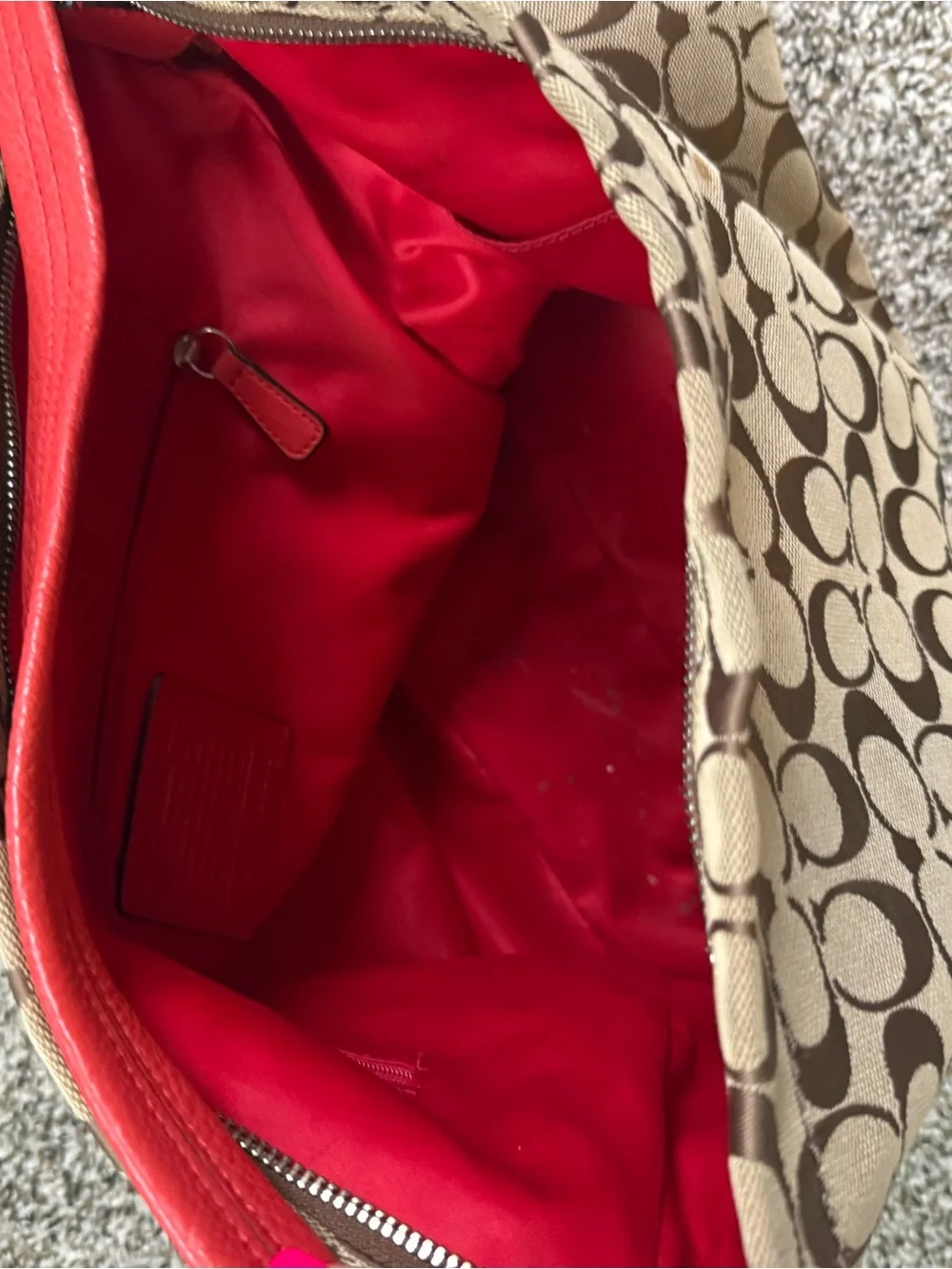 Coach Tan/Brown Signature Canvas Hobo with Red Leather Trim